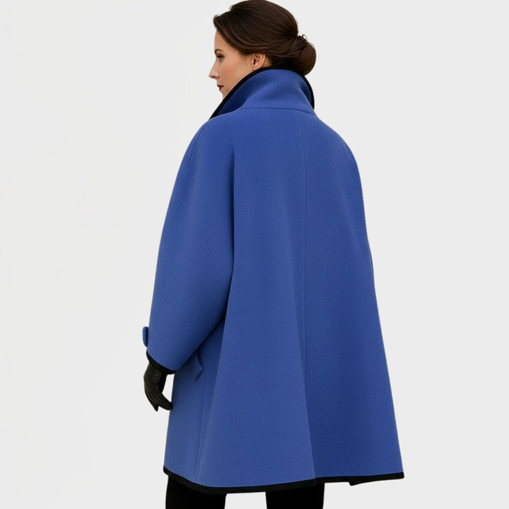 Genevieve oversized contrast-trim coat, back view showing swing silhouette