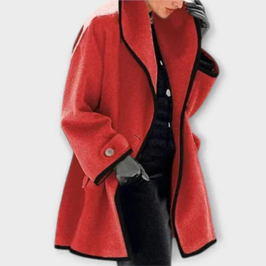 Genevieve oversized contrast-trim coat in red, front view