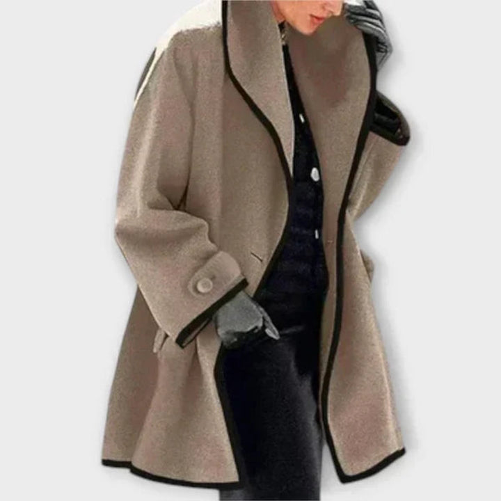 Genevieve oversized contrast-trim coat in taupe, front view