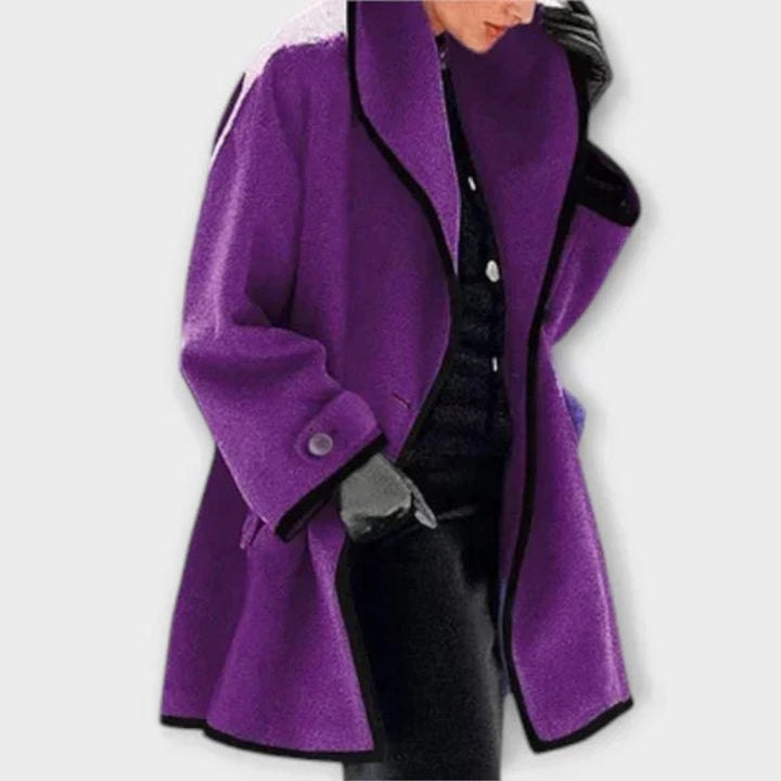 Genevieve oversized contrast-trim coat in purple, front view