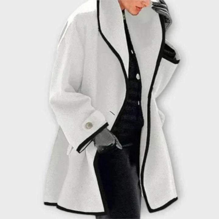 Genevieve oversized contrast-trim coat in white, front view