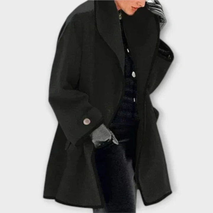 Genevieve oversized contrast-trim coat in black, front view