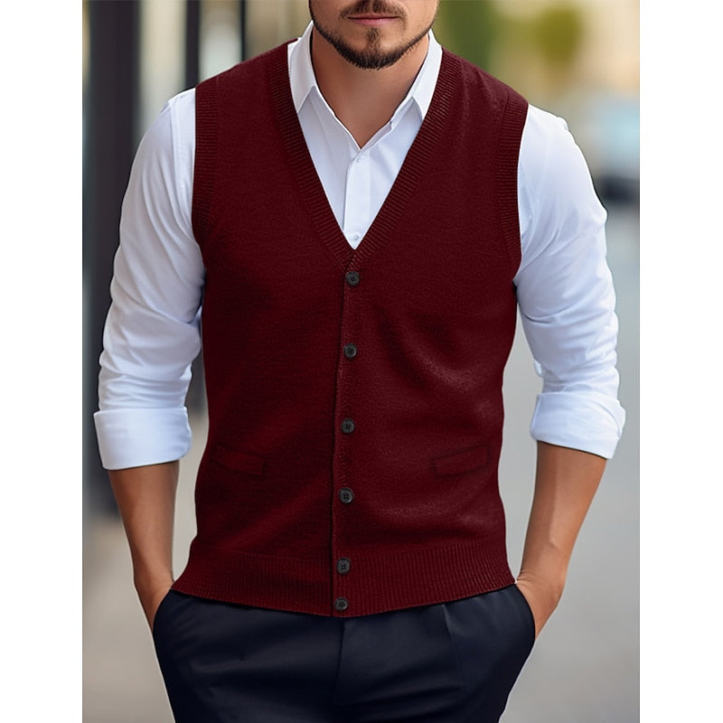 Gideon wine red buttoned V-neck sweater vest, front view