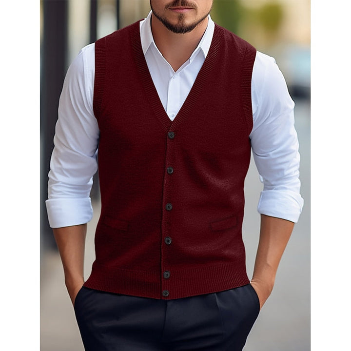 Gideon wine red buttoned V-neck sweater vest, front view