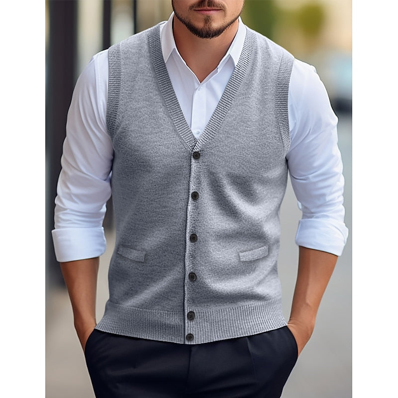 Gideon light grey buttoned V-neck sweater vest, front view