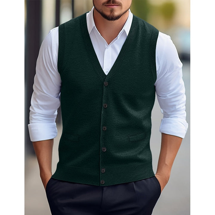 Gideon military green buttoned V-neck sweater vest, front view