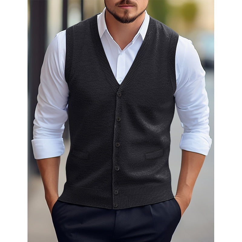 Gideon dark grey buttoned V-neck sweater vest, front view