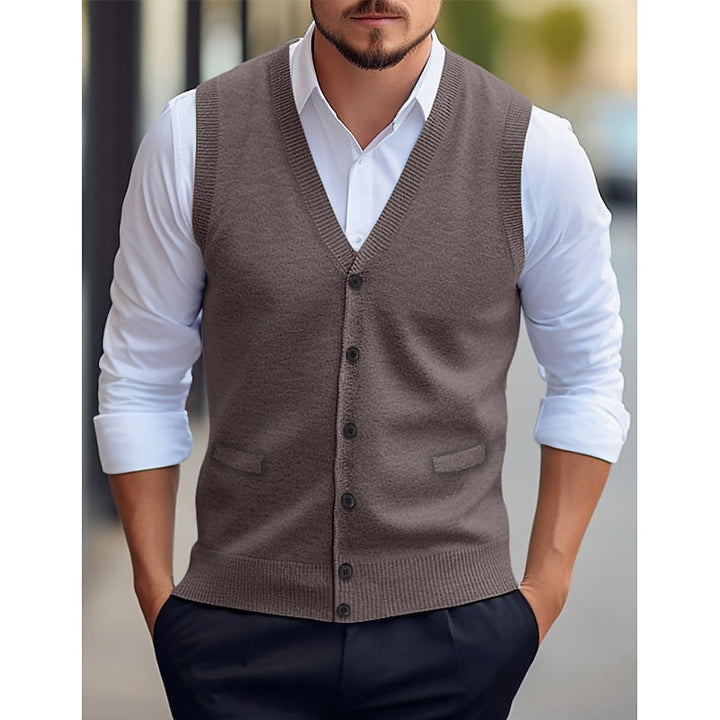 Gideon camel buttoned V-neck sweater vest, front view