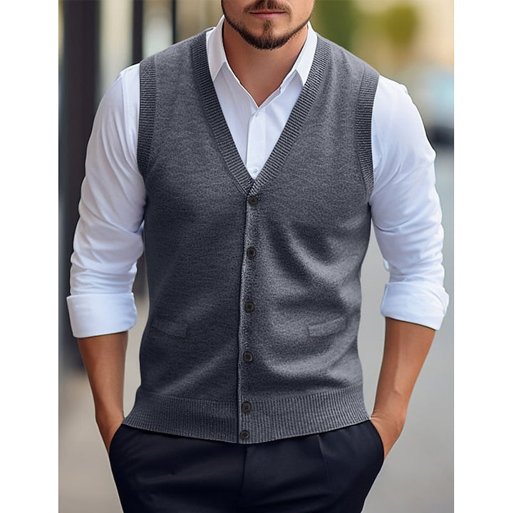 Gideon grey buttoned V-neck sweater vest, front view