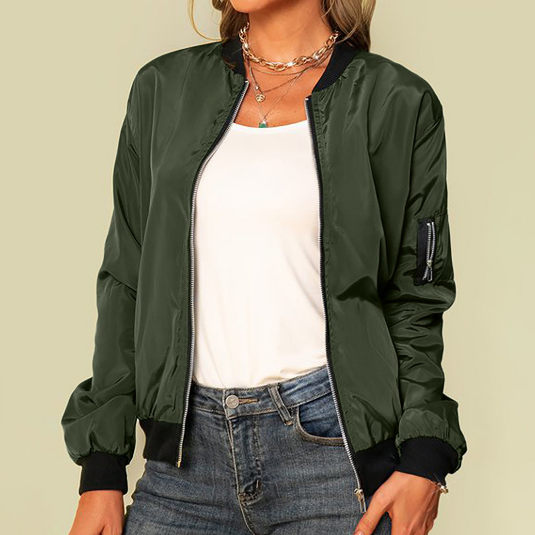 Harlow casual bomber jacket in green with ribbed trim, front view