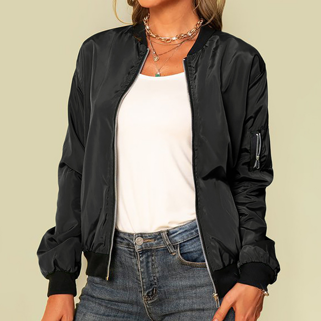 Harlow bomber jacket in black with sleeve zip pocket detail