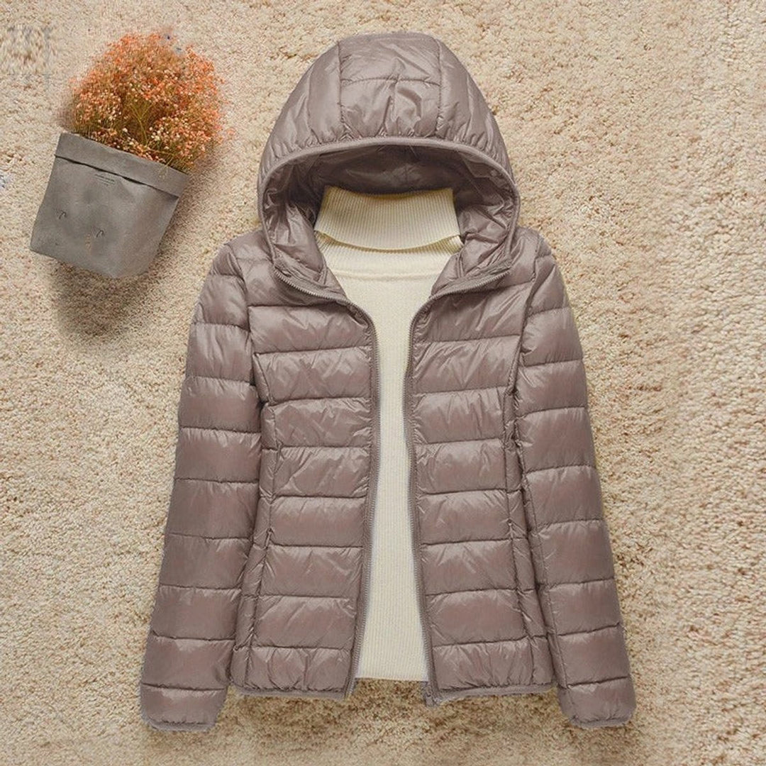 Harriet lightweight hooded packable puffer jacket in taupe, front view