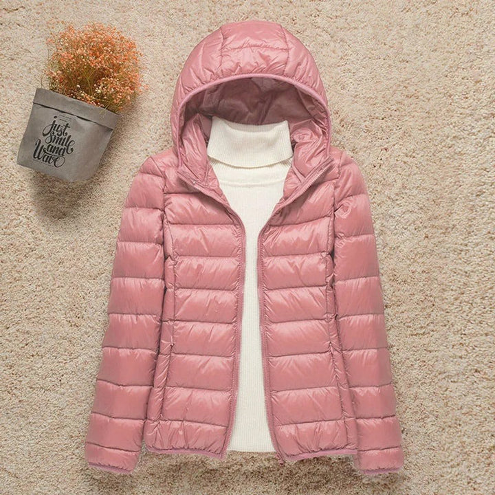 Harriet lightweight hooded packable puffer jacket in pink, front view
