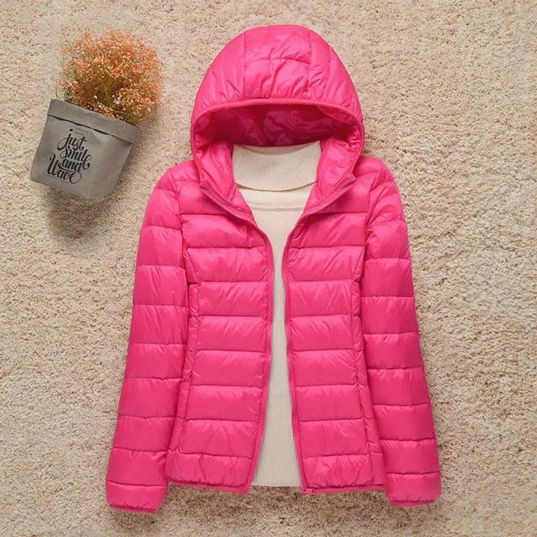 Harriet lightweight hooded packable puffer jacket in fuchsia, front view