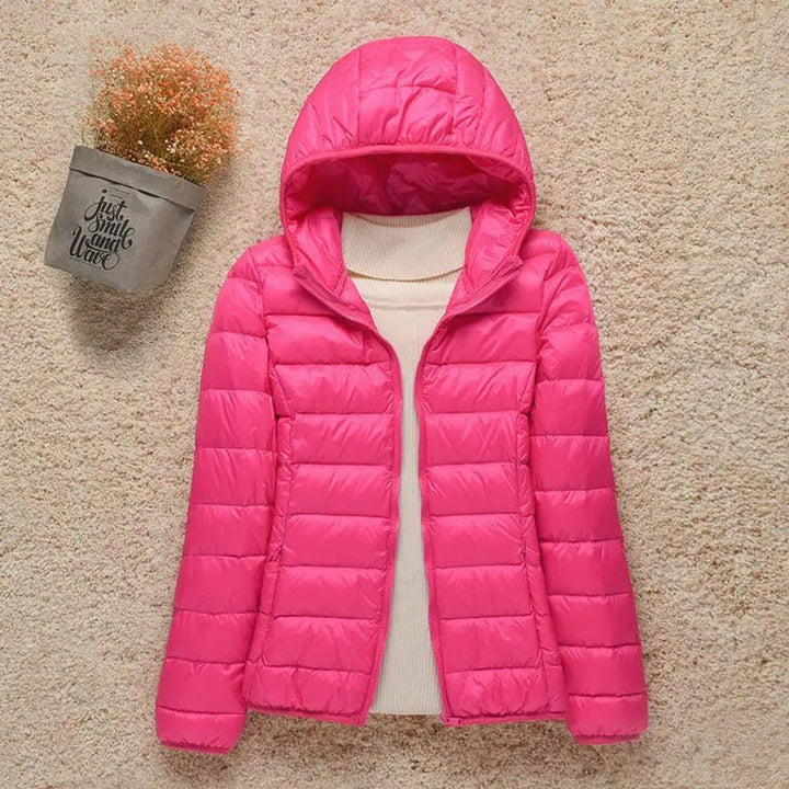 Harriet lightweight hooded packable puffer jacket in fuchsia, front view