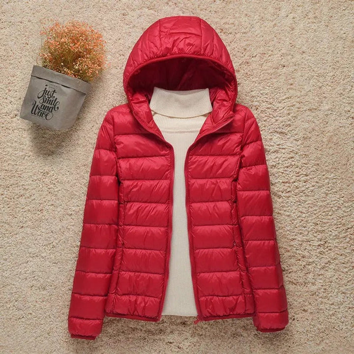 Harriet lightweight hooded packable puffer jacket in red, front view