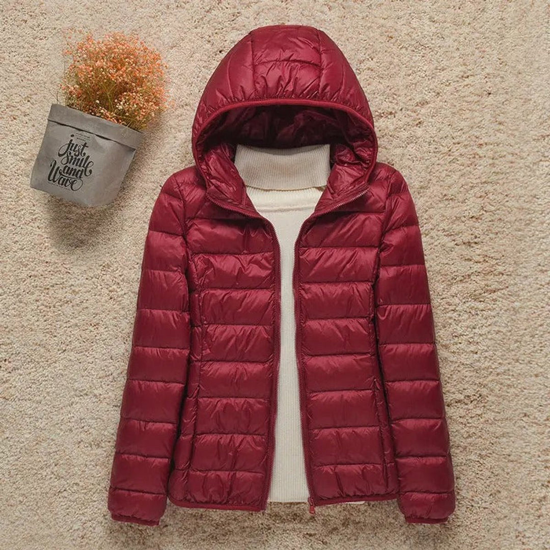 Harriet lightweight hooded packable puffer jacket in burgundy, front view