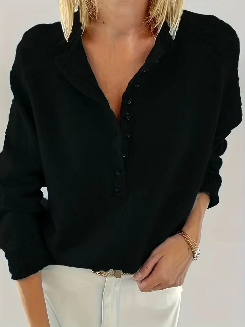 Henrietta black button placket knit jumper, close-up front view