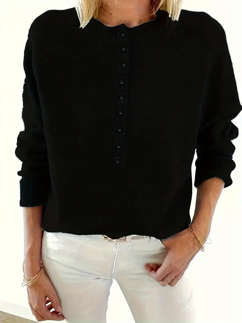 Henrietta black notch collar jumper with button detail, front view