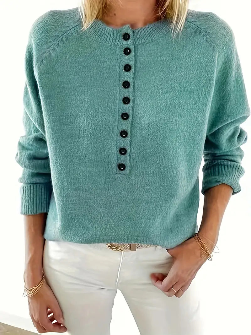 Henrietta green notch collar jumper with button detail, front view