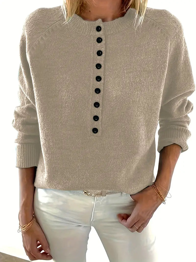 Henrietta beige notch collar jumper with button detail, front view