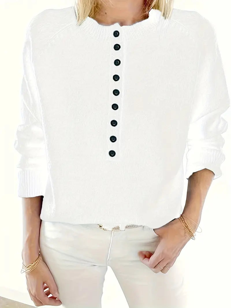 Henrietta white notch collar jumper with button detail, front view