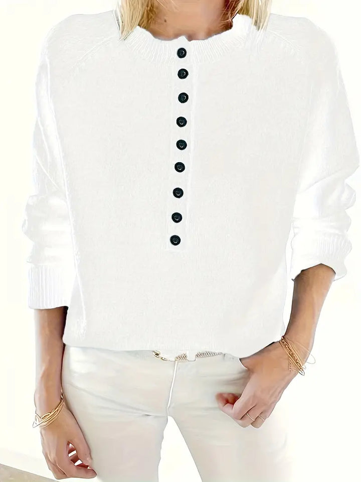 Henrietta white notch collar jumper with button detail, front view