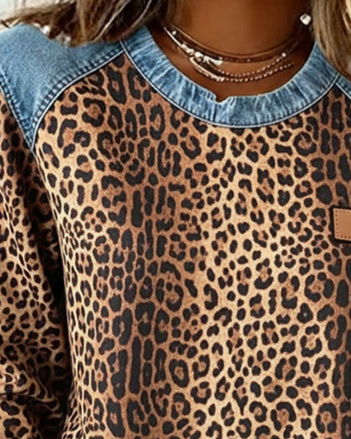 Isadora leopard print sweatshirt, neckline and denim shoulder detail