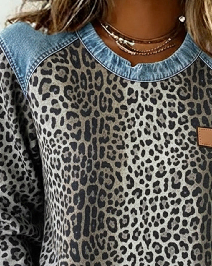 Isadora grey leopard print sweatshirt, neckline detail close-up