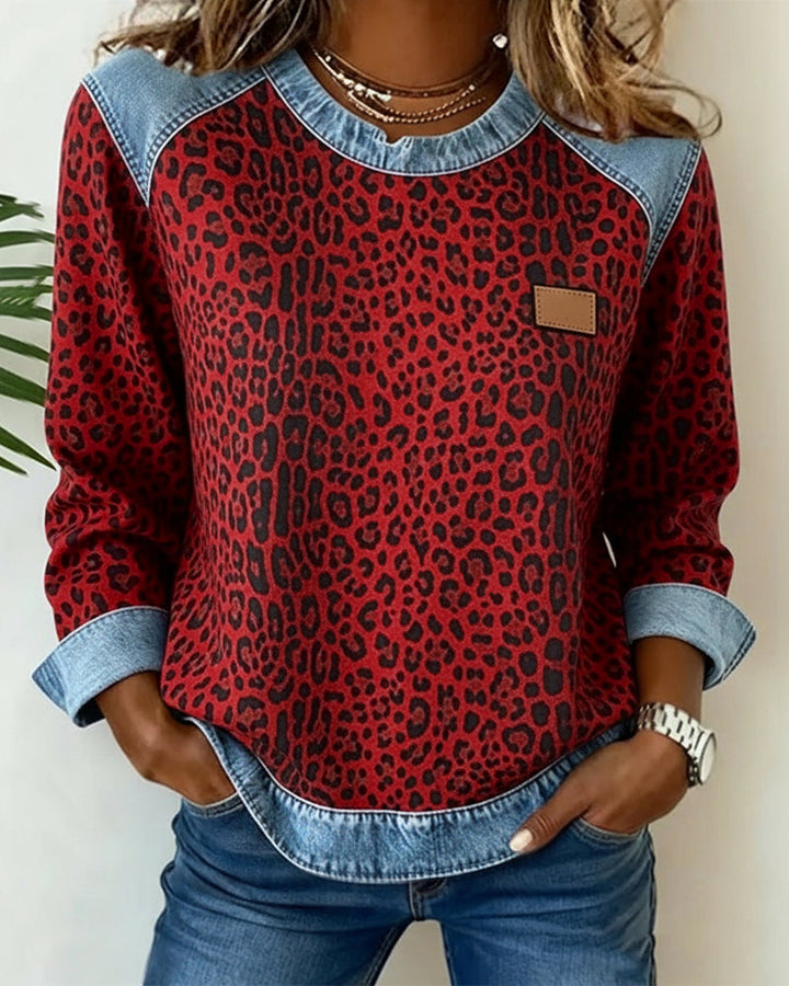 Isadora red leopard print denim panel sweatshirt, front view