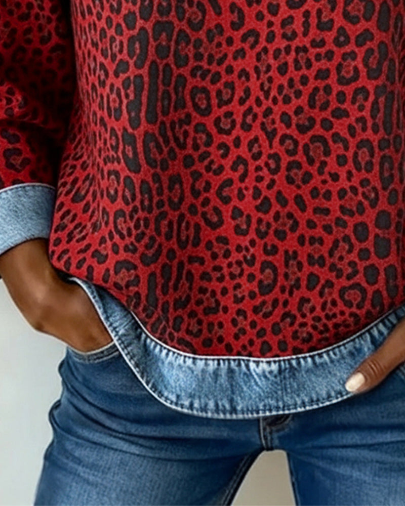 Isadora red leopard print sweatshirt, hem and denim trim detail