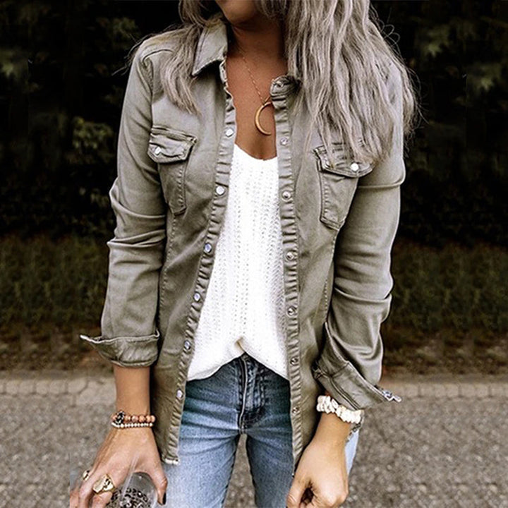Isla denim jacket front view with collar and chest pocket detail