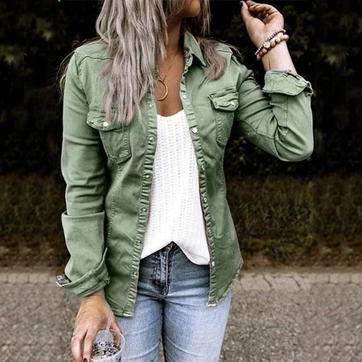 Isla denim jacket in green colourway, front styled view