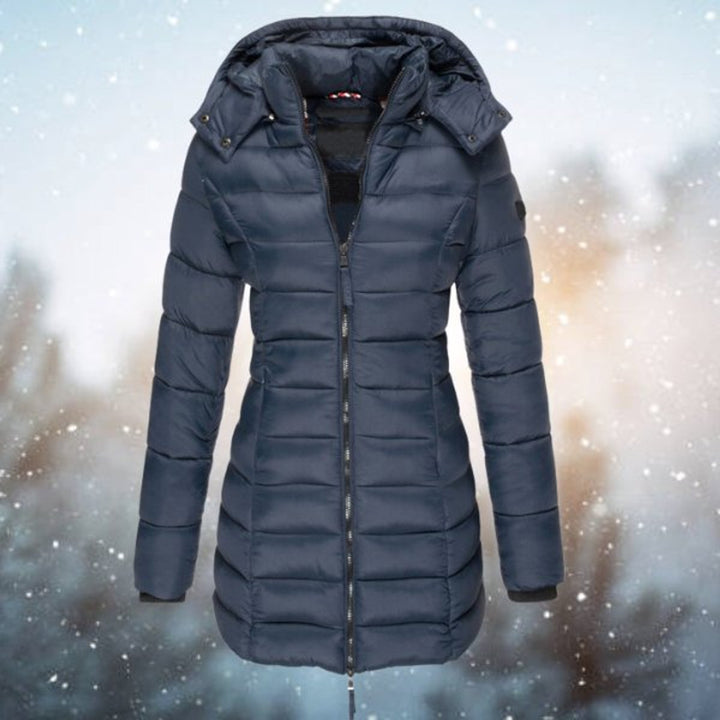 Isla navy hooded quilted puffer longline coat, front view