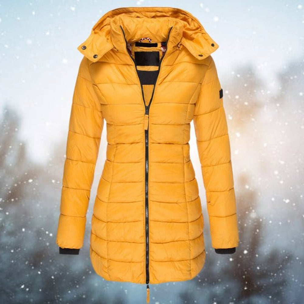 Isla yellow hooded quilted puffer longline coat, front view