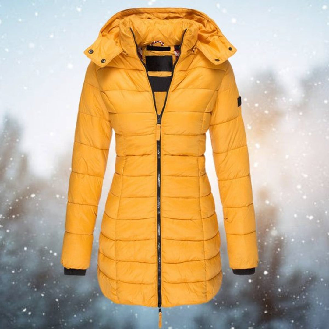 Isla yellow hooded quilted puffer longline coat, front view