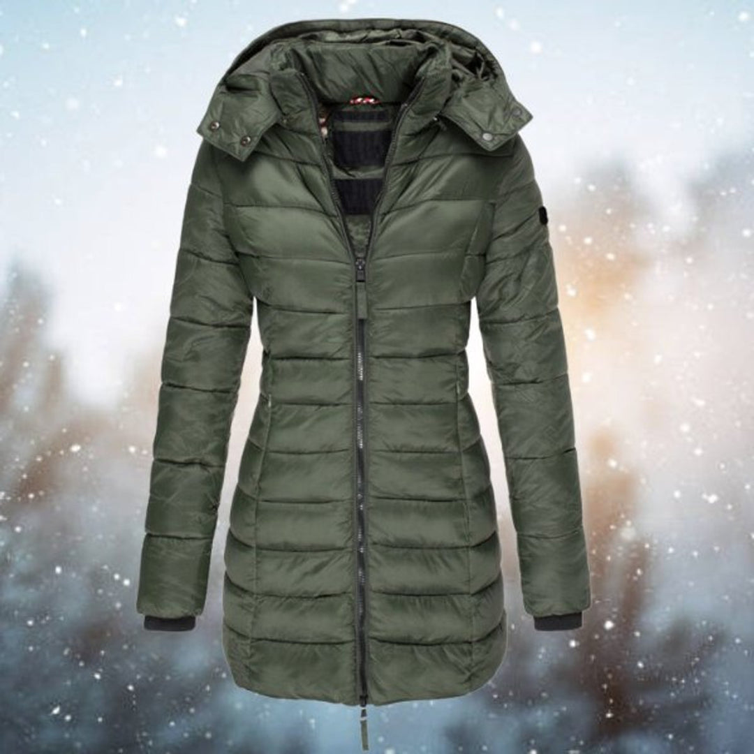 Isla khaki green hooded quilted puffer longline coat, front view