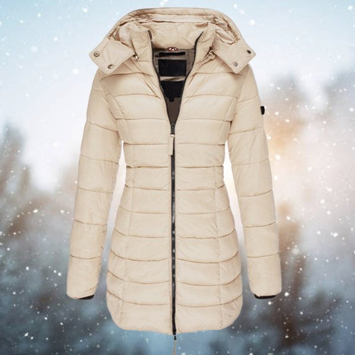 Isla beige hooded quilted puffer longline coat, front view