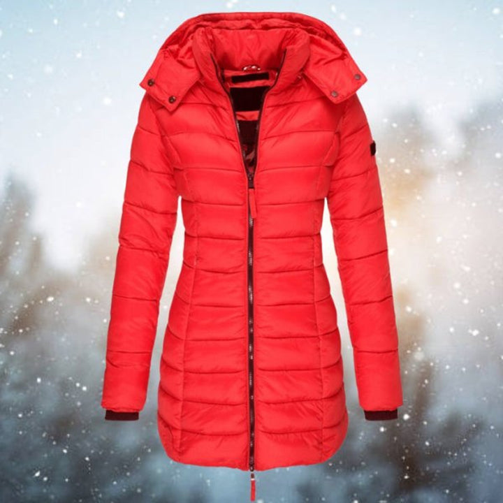 Isla red hooded quilted puffer longline coat, front view