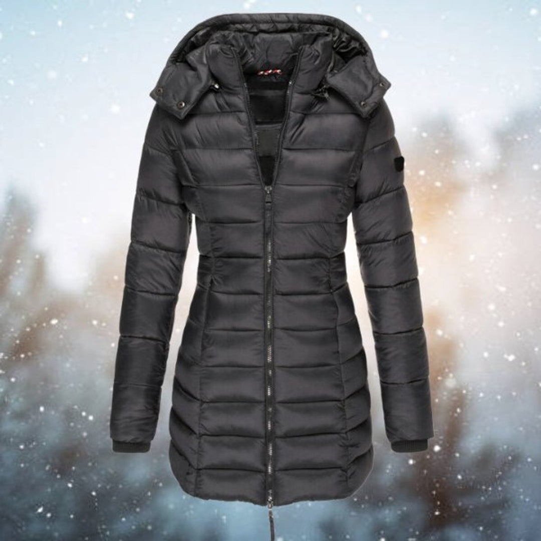 Isla black hooded quilted puffer longline coat, front view