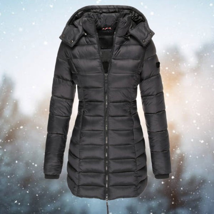 Isla black hooded quilted puffer longline coat, front view