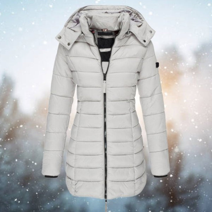 Isla grey hooded quilted puffer longline coat, front view