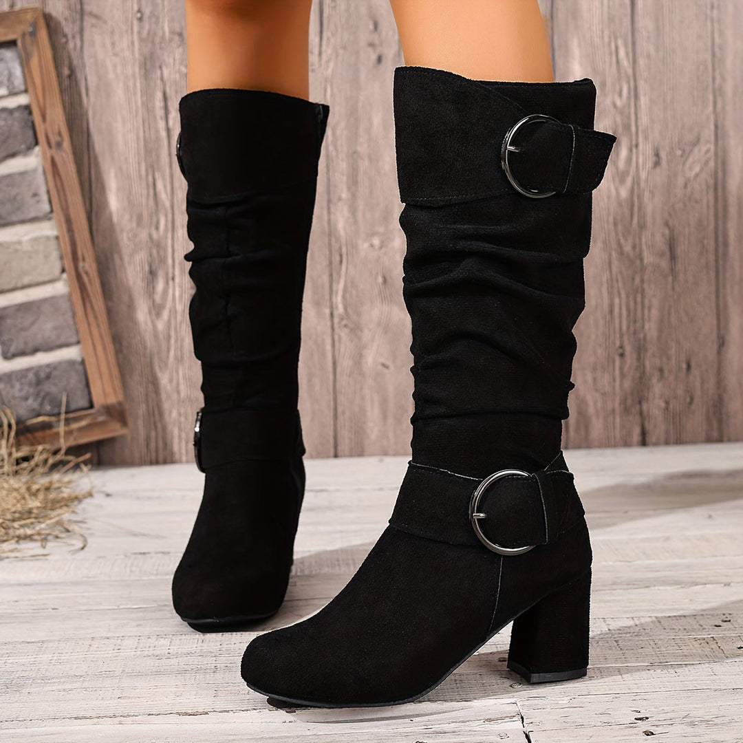 Isolde knee high boots in black, front view on model