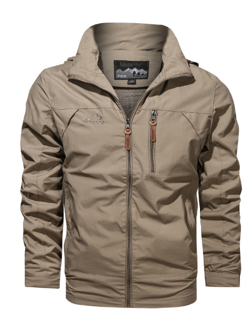 Jasper waterproof rain jacket in khaki, front view