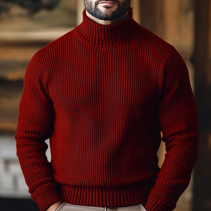 Jonathan ribbed turtleneck jumper in wine red, front view