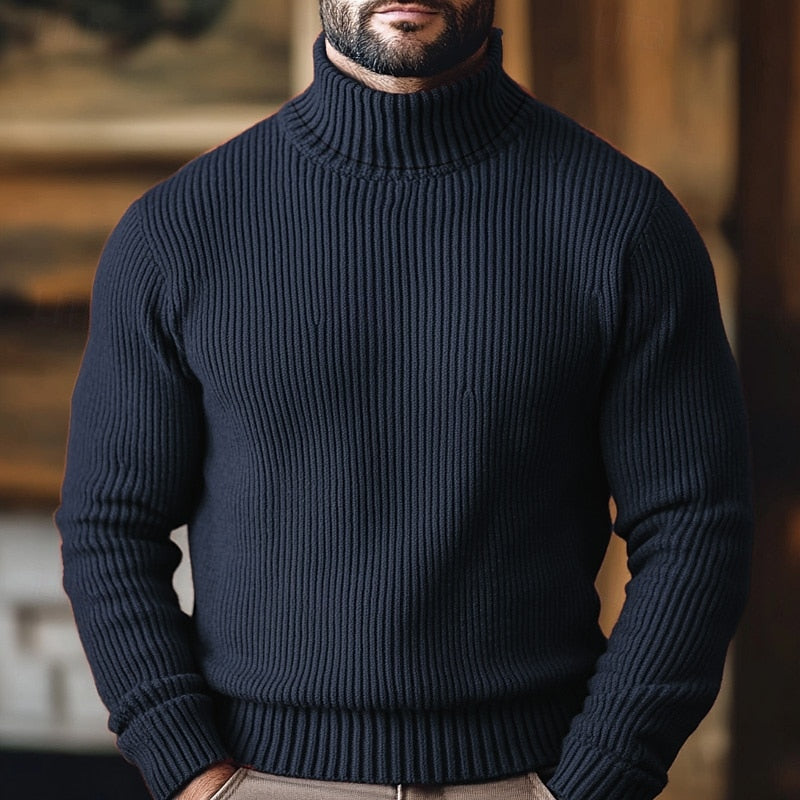 Jonathan ribbed turtleneck jumper in navy blue, front view