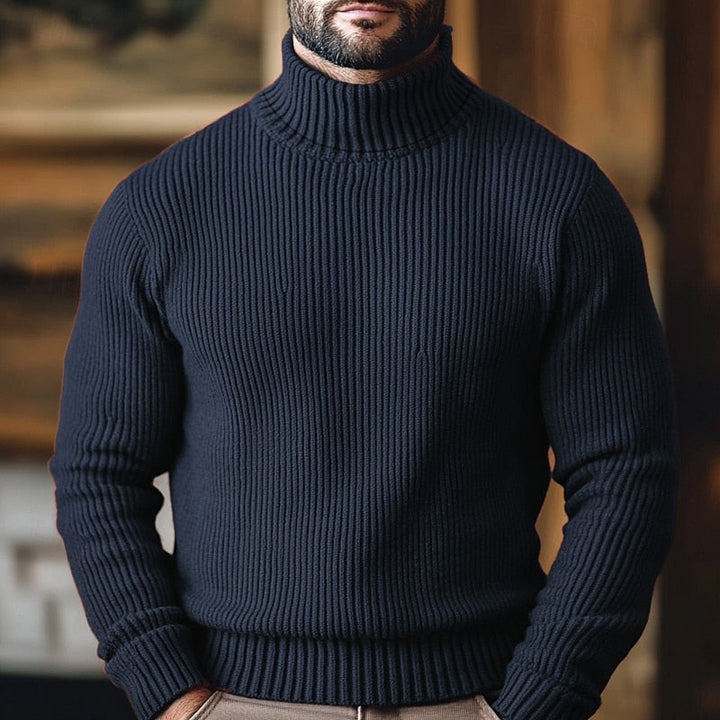 Jonathan ribbed turtleneck jumper in navy blue, front view