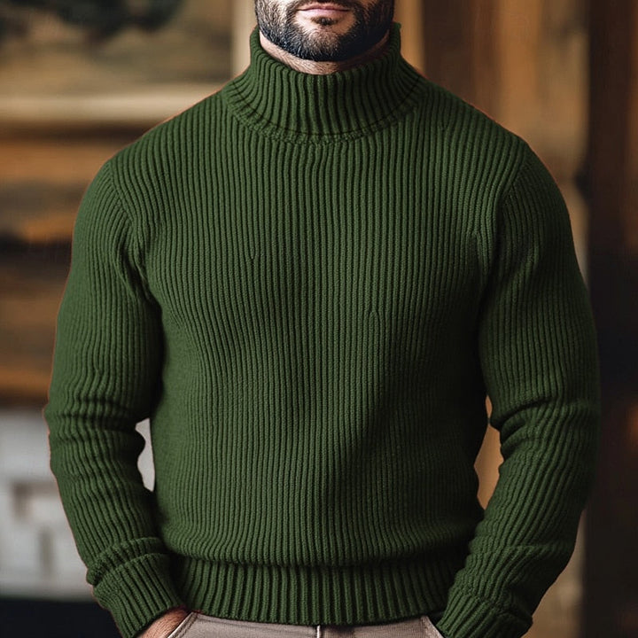 Jonathan ribbed turtleneck jumper in green, front view