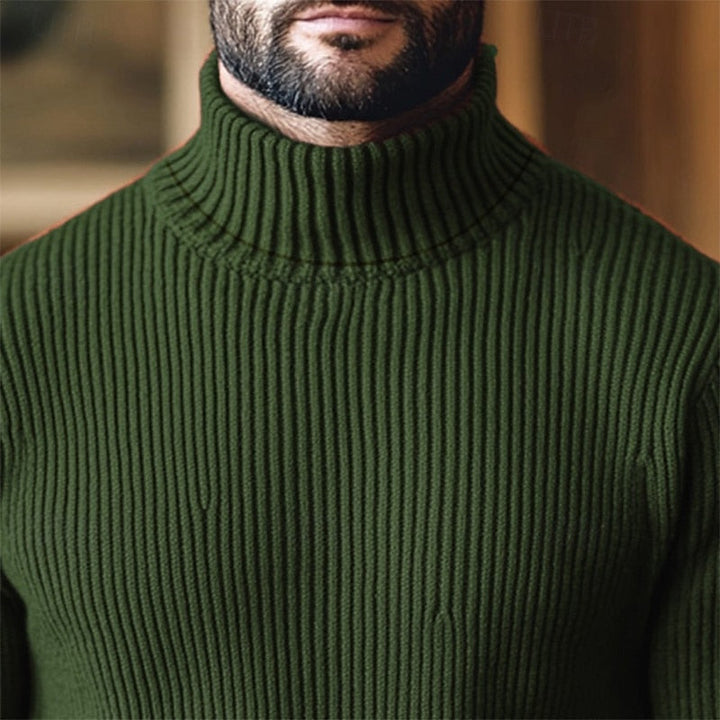 Jonathan ribbed turtleneck jumper in green, close-up of neckline