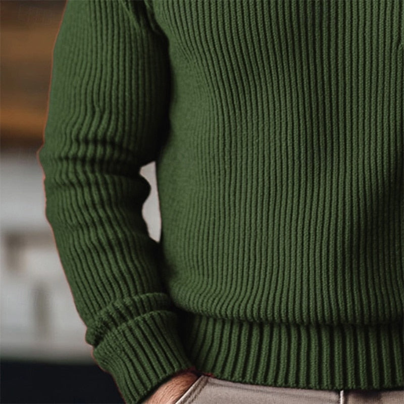 Jonathan ribbed turtleneck jumper in green, close-up of ribbed knit and sleeve